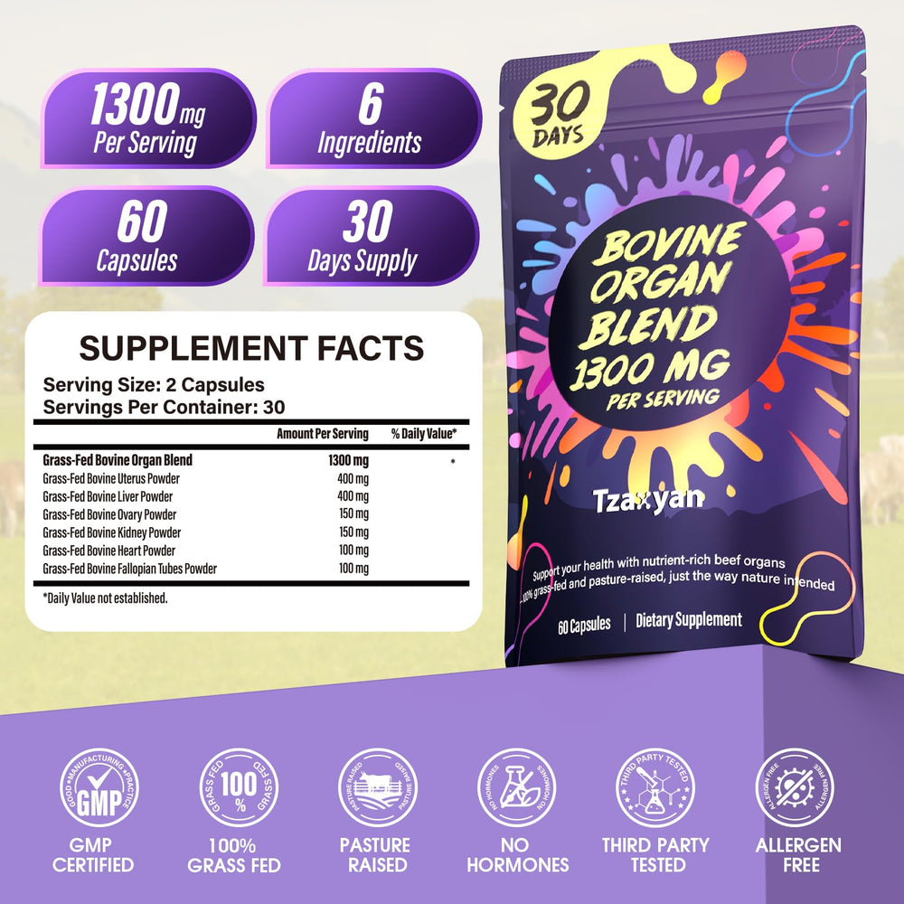 tzaxyan 1300mg beef organ supplement packaging for convenient daily use