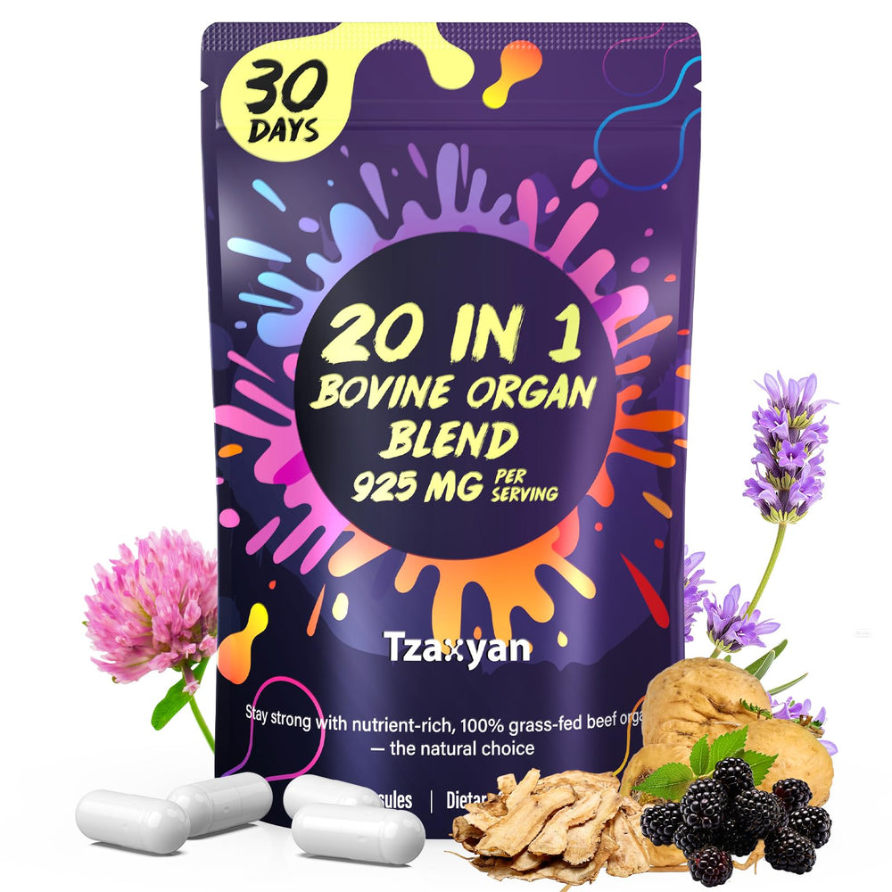 tzaxyan 20-in-1 beef organ supplement bottle showing multi-nutrient foundation for daily vitality