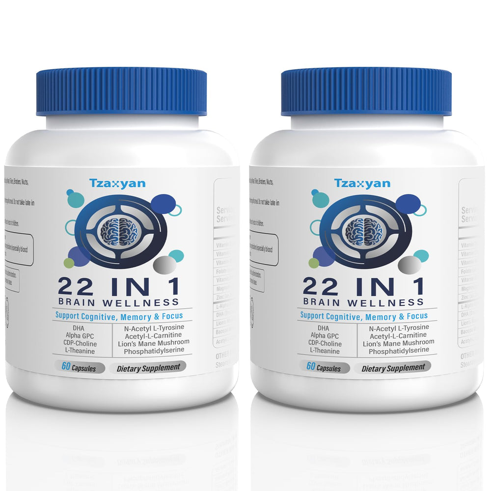 tzaxyan brain supplements memory focus bottle showing dual choline sources for daily memory support