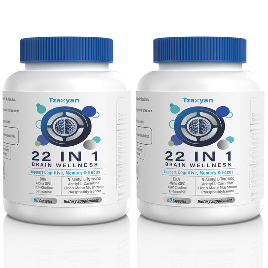 tzaxyan brain supplements memory focus bottle showing dual choline sources for daily memory support
