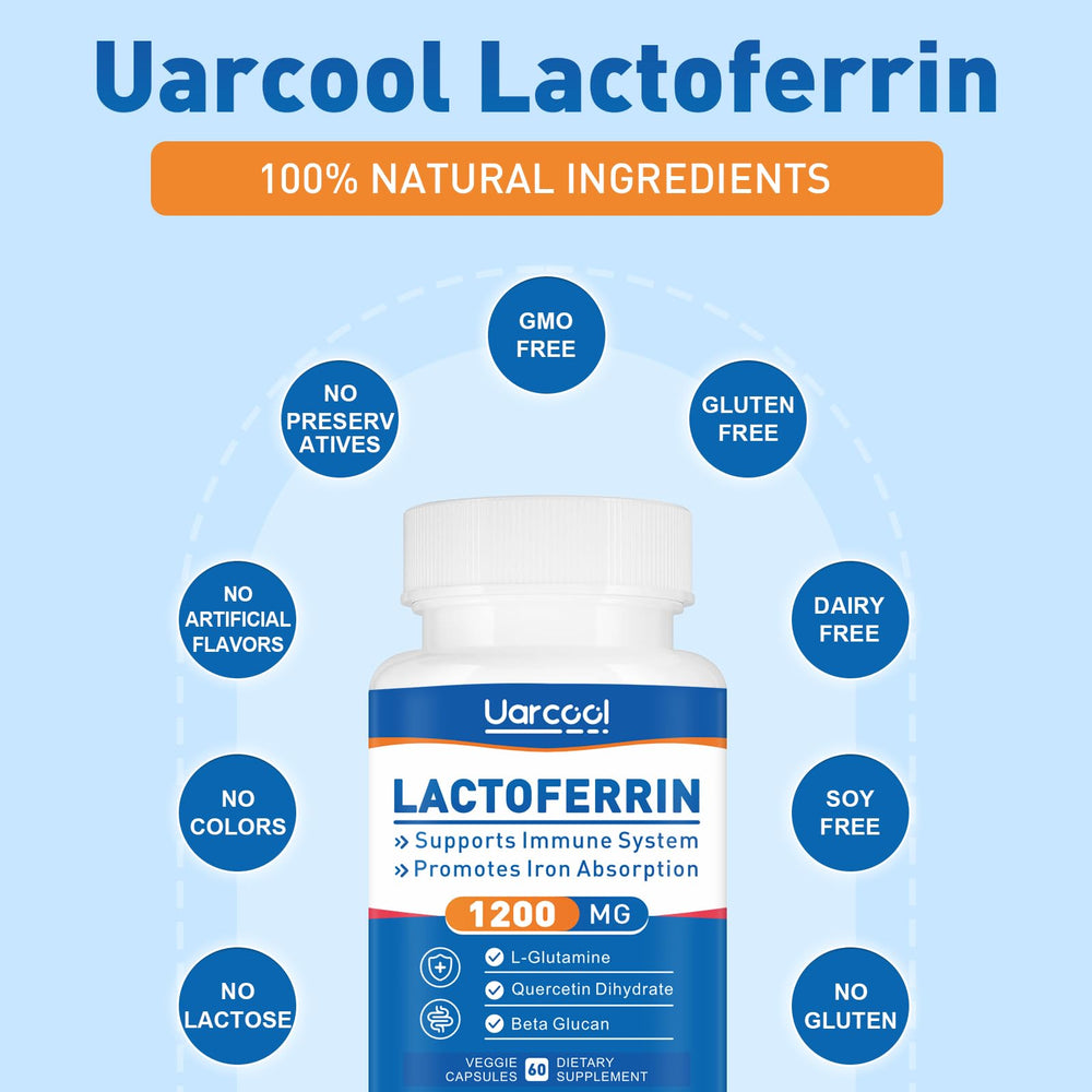 Close-up of Uarcool Lactoferrin 1200mg label with ingredient highlights