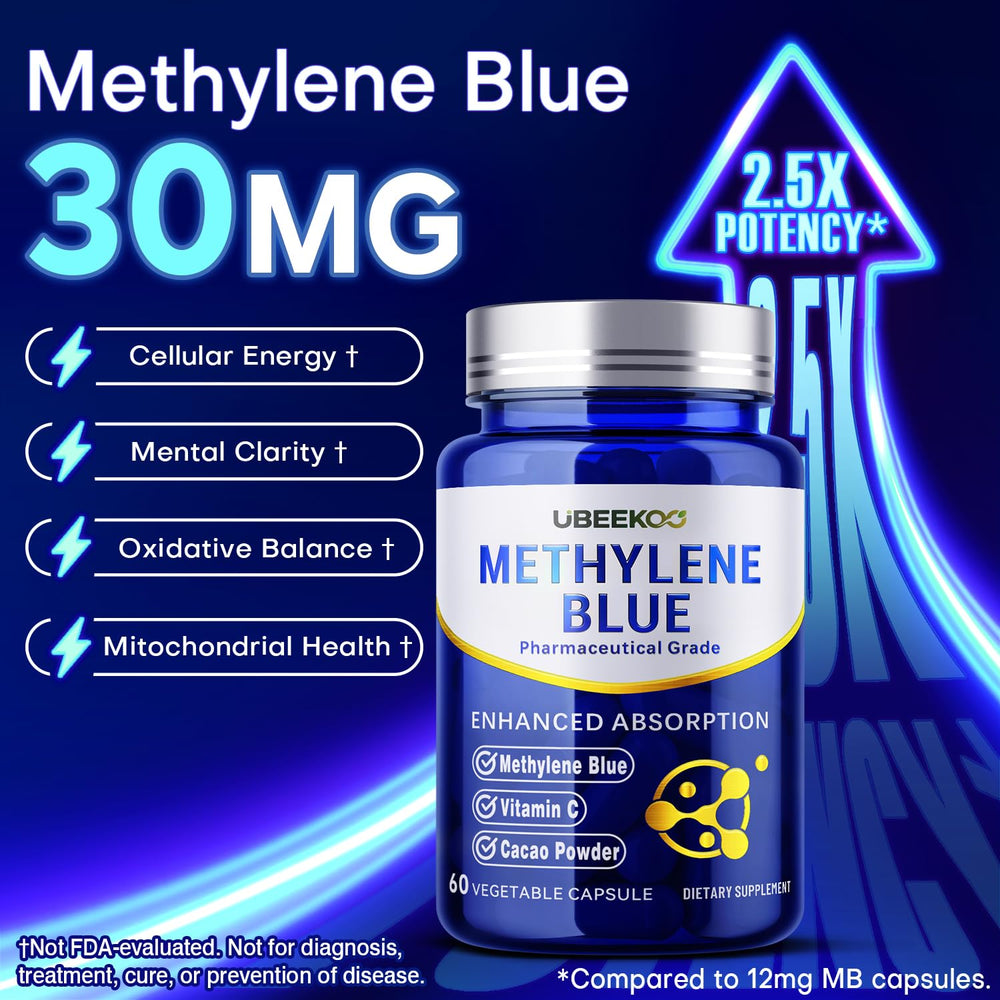 UBEEKOO Methylene Blue capsules closeup showing pure ingredients with vitamin C and cacao.
