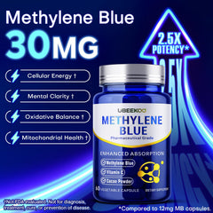 UBEEKOO Methylene Blue capsules closeup showing pure ingredients with vitamin C and cacao.