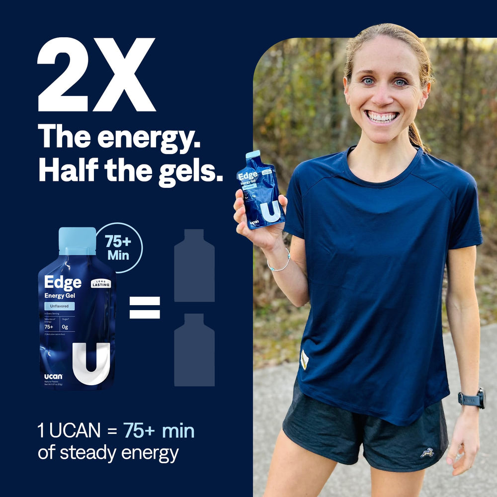UCAN Edge energy gel shot 2oz packets back detailing ingredients and LIVSTEADY energy