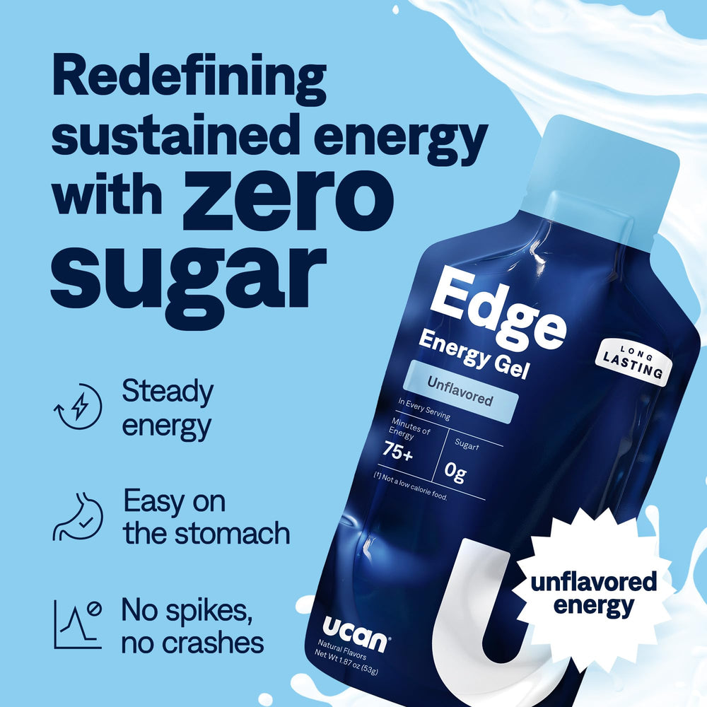 UCAN Edge energy gel shot 2oz packets front highlighting compact, convenient fueling