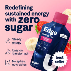 UCAN Edge label close-up shows clean ingredients for reliable athletic fueling.