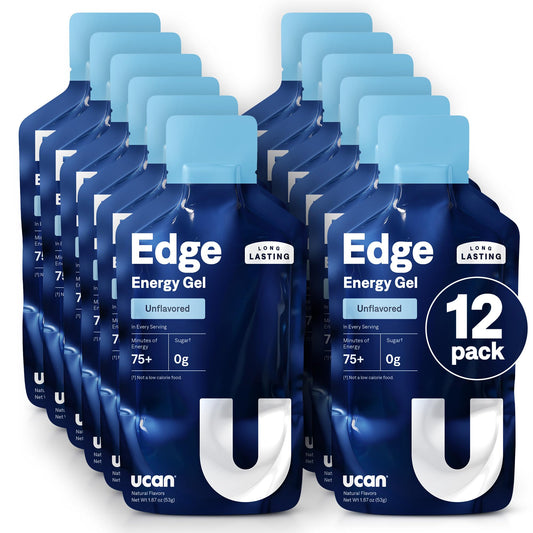 UCAN Edge energy gel shot unflavored packaging showing a clean, sugar-free fueling option