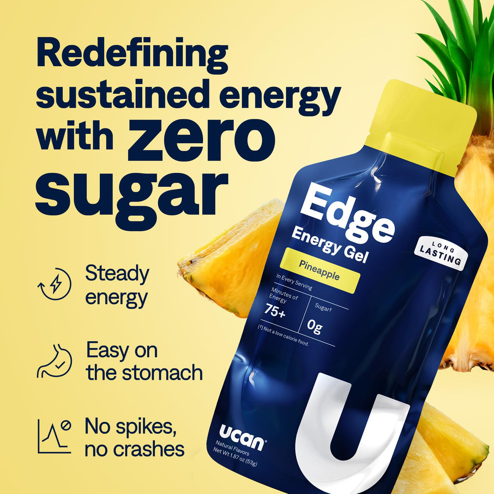 UCAN Edge pineapple gel shot label closeup highlighting LIVSTEADY energy