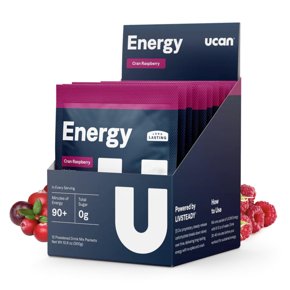 UCAN Energy Powder Cran-Raz tub front showing long-lasting energy label