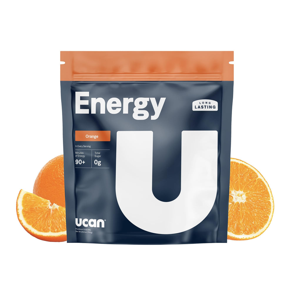 UCAN Energy Powder Tropical Orange canister for clean, sugar-free pre-workout fuel.
