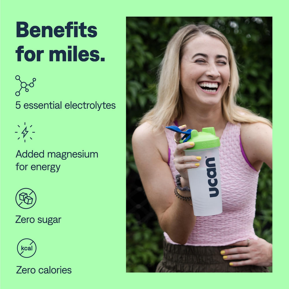 UCAN Hydrate Watermelon powder being poured into a glass for keto-friendly hydration.