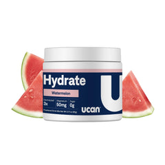 UCAN Hydrate Watermelon tub front shows zero sugar electrolyte mix for athletes.