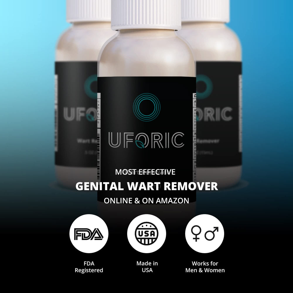 Uforic Genital Wart Remover packaging box highlighting USA-made GMP quality