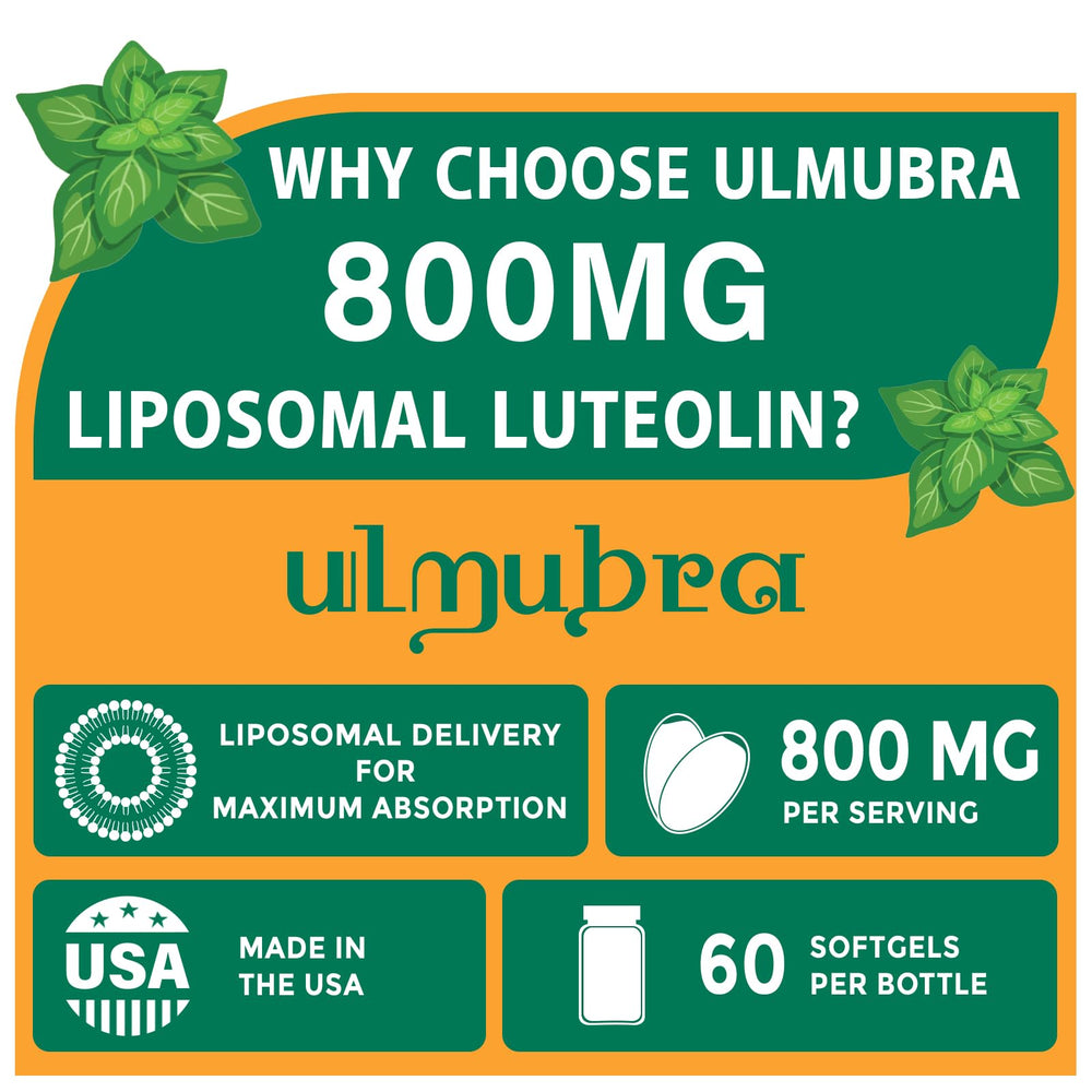Ulmubra liposomal luteolin softgels close-up, showing the easy-to-swallow capsule.