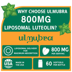 Ulmubra liposomal luteolin softgels close-up, showing the easy-to-swallow capsule.