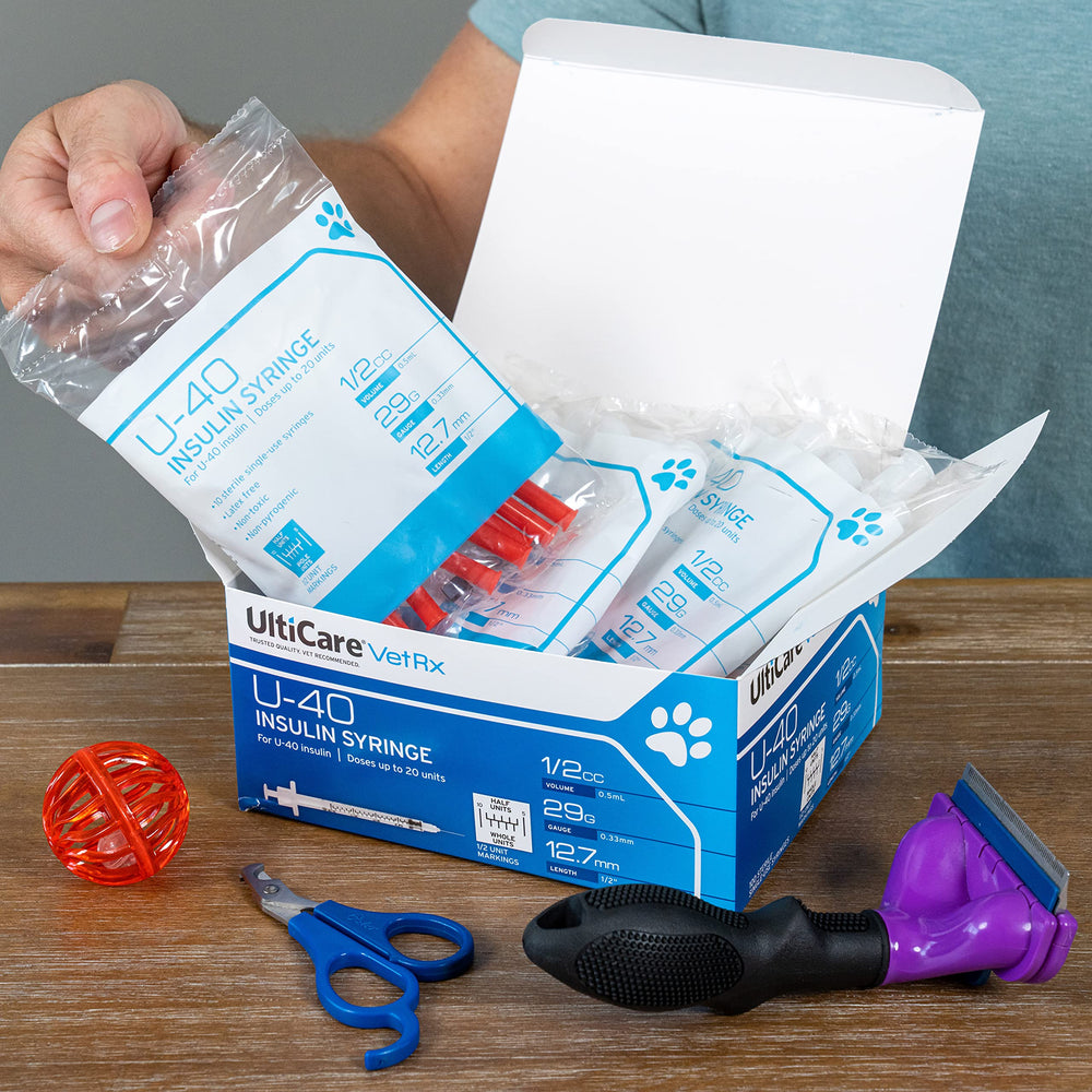UltiCare VetRx U-40 syringe with micro-polished needle to reduce irritation.