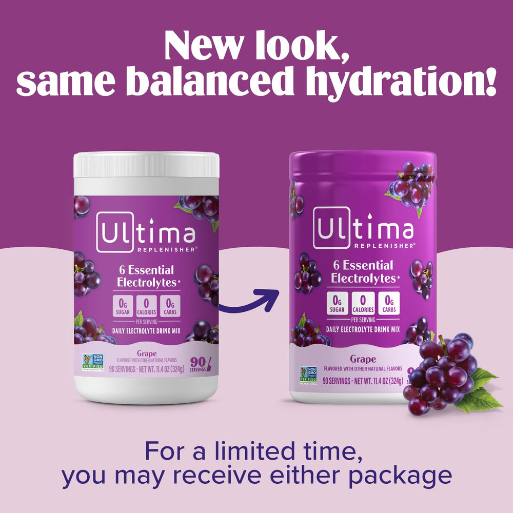 Ultima Replenisher glass with grape hydration ready to drink.