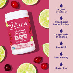 Chilled glass of Ultima Replenisher with ice for refreshing hydration.