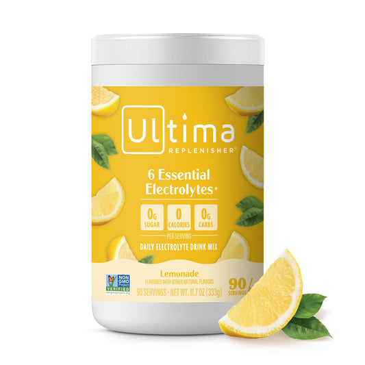 Ultima Replenisher lemonade canister for daily hydration, sugar-free mix.