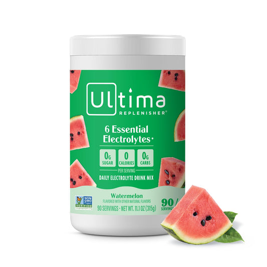 Ultima Replenisher Watermelon canister front showing sugar-free daily hydration.