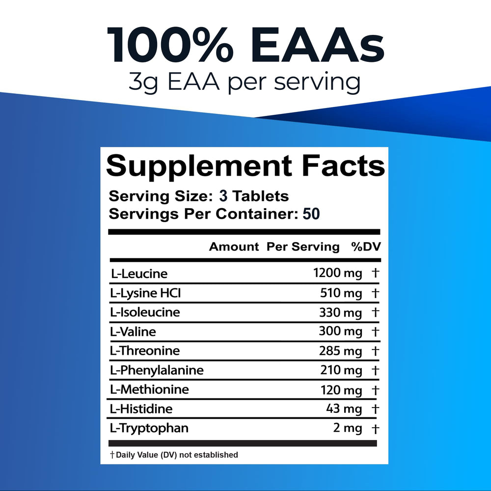 Ultimate EAA tablets being poured, highlighting easy-to-swallow design for workouts.