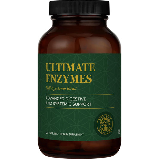 Global Healing Center Ultimate Enzymes bottle illustrating a full-spectrum digestive formula for daily support.
