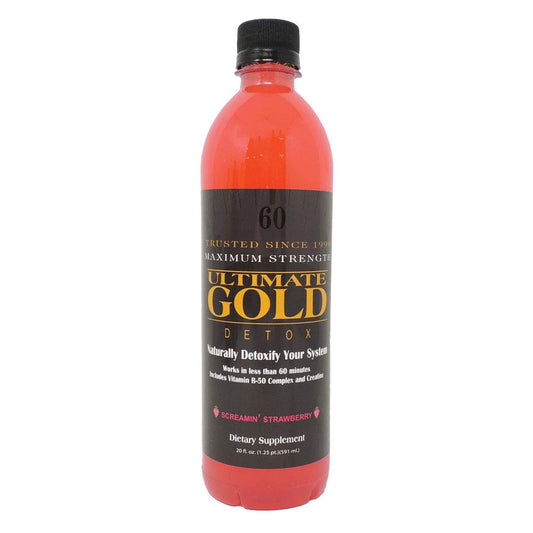 Ultimate Gold Detox Drink 20oz bottle with Screamin' Strawberry flavor for quick refreshment.