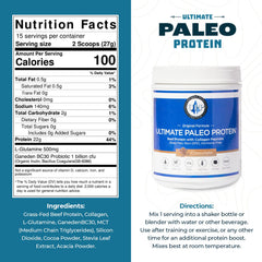 Ultimate Paleo Protein close-up shows grass-fed beef protein and collagen peptides.