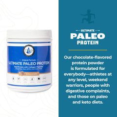 Shake-ready glass with chocolate Ultimate Paleo Protein for a quick, satisfying drink.