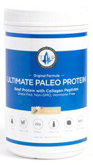 Ultimate Paleo Protein vanilla tub with grass-fed beef protein and collagen peptides.
