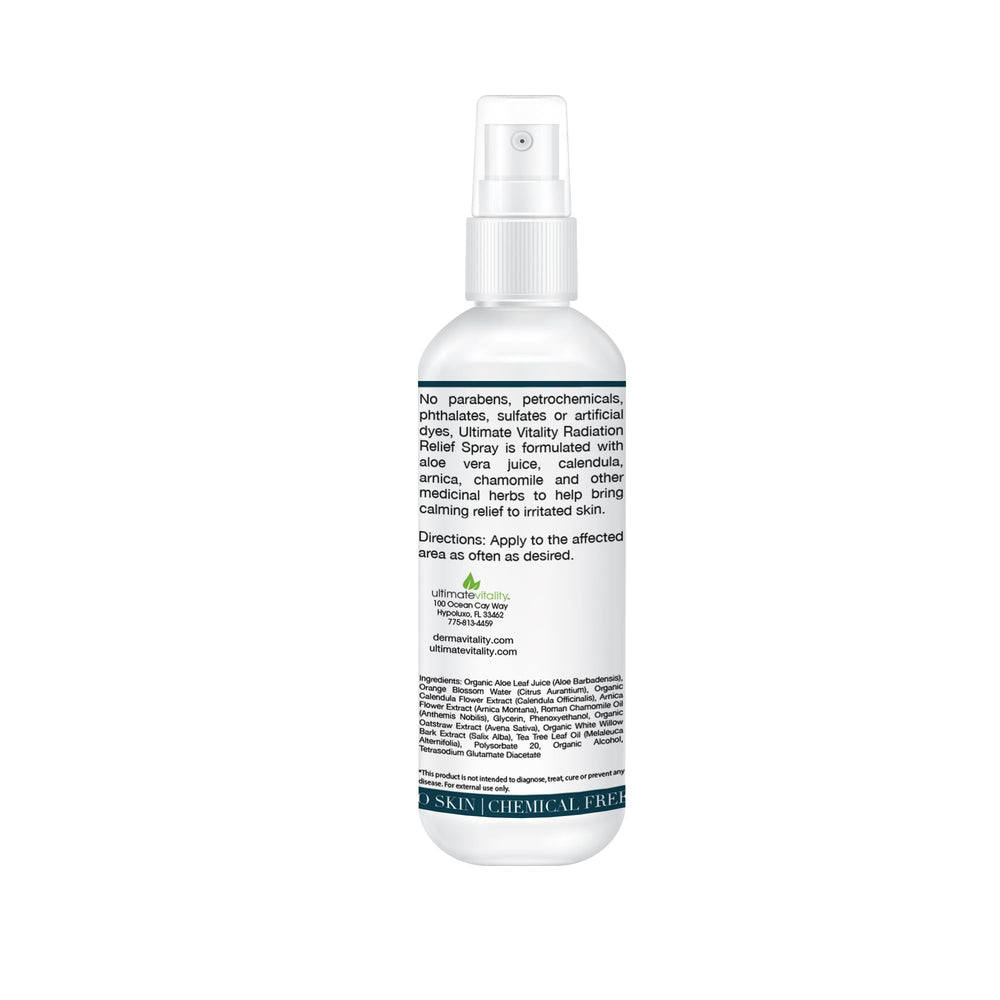 UltimateVitality Radiation Burn Relief Spray being absorbed quickly with a non-greasy finish.