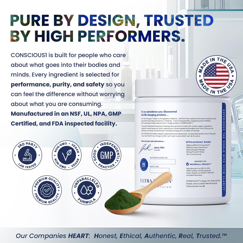 Ultra Human Conscious1 rainforest berry mushroom blend image hints premium adaptogens for clarity and focus.