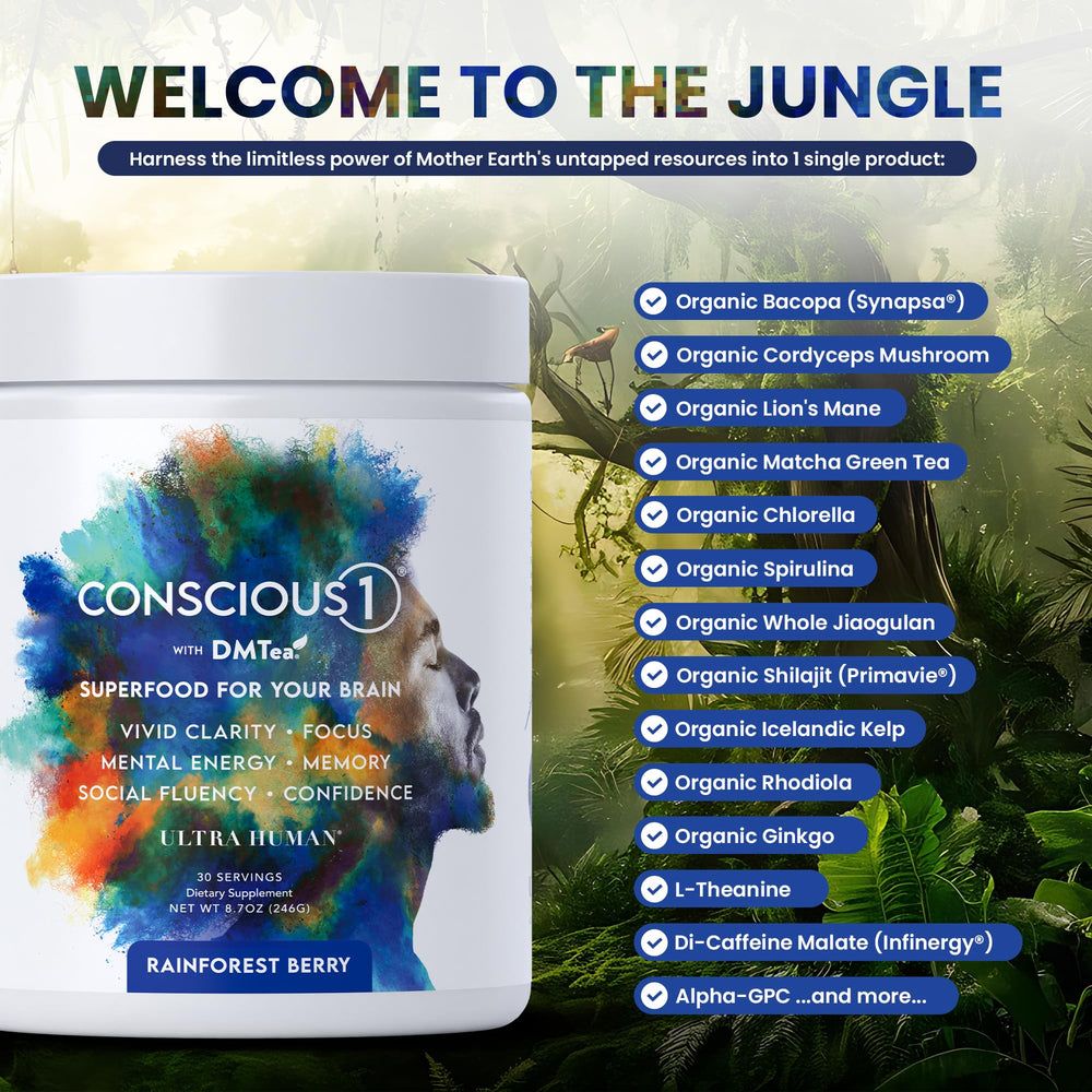 Ultra Human Conscious1 rainforest berry included theanine and tyrosine visuals signal calm focus during tasks.
