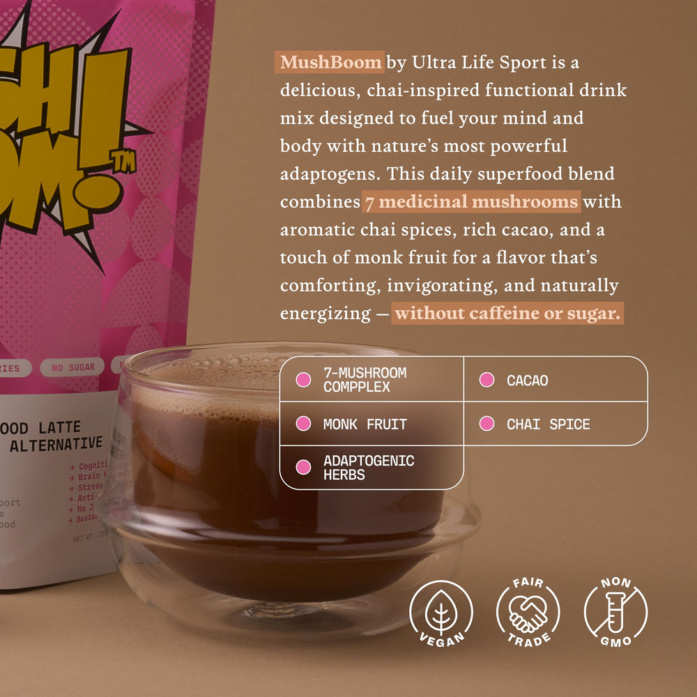 Ultra Life Sport MushBoom ingredients label showing cordyceps and lion’s mane