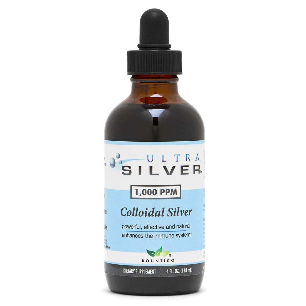 Ultra Silver bottle front view showing true colloidal silver color.