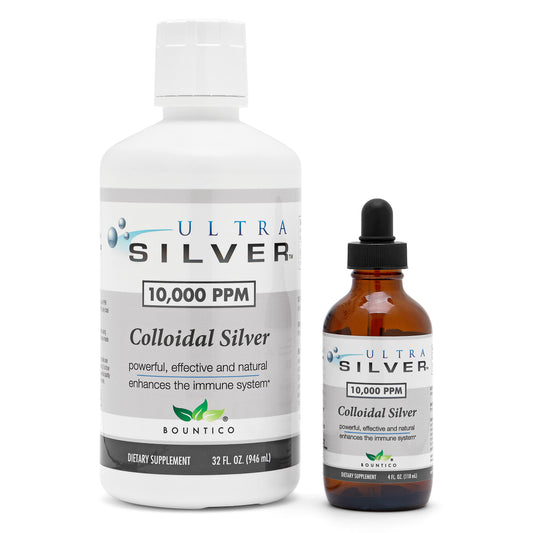 Ultra Silver colloidal silver bottle showing 32 oz capacity for extended home use