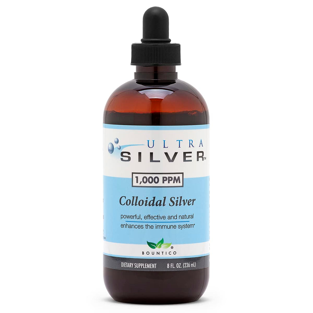 Ultra Silver Colloidal Silver bottle with dropper for easy, precise dosing.