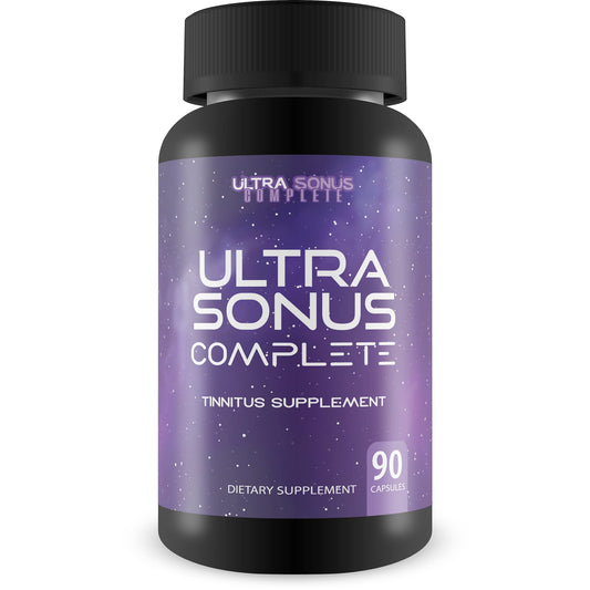 Ultra Sonus bottle front showing natural ingredients for tinnitus support