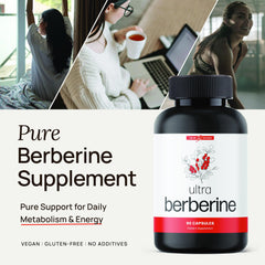Ultra6 Berberine capsules label close-up emphasizing vegan gluten-free ingredients.