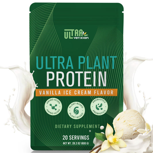 Ultraverixian vanilla protein bottle showing a 30g plant-based protein per serving for daily energy