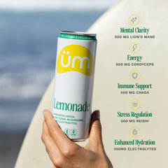 Pack of 12 cans of üm Lemonade sparkling water for easy on-the-go hydration.
