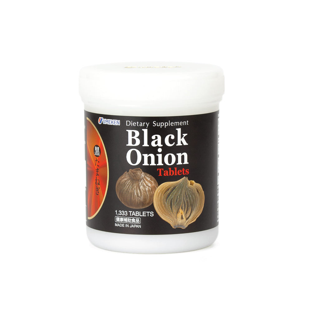 Umeken Black Onion bottle front view with tablets, convenient daily supplement.