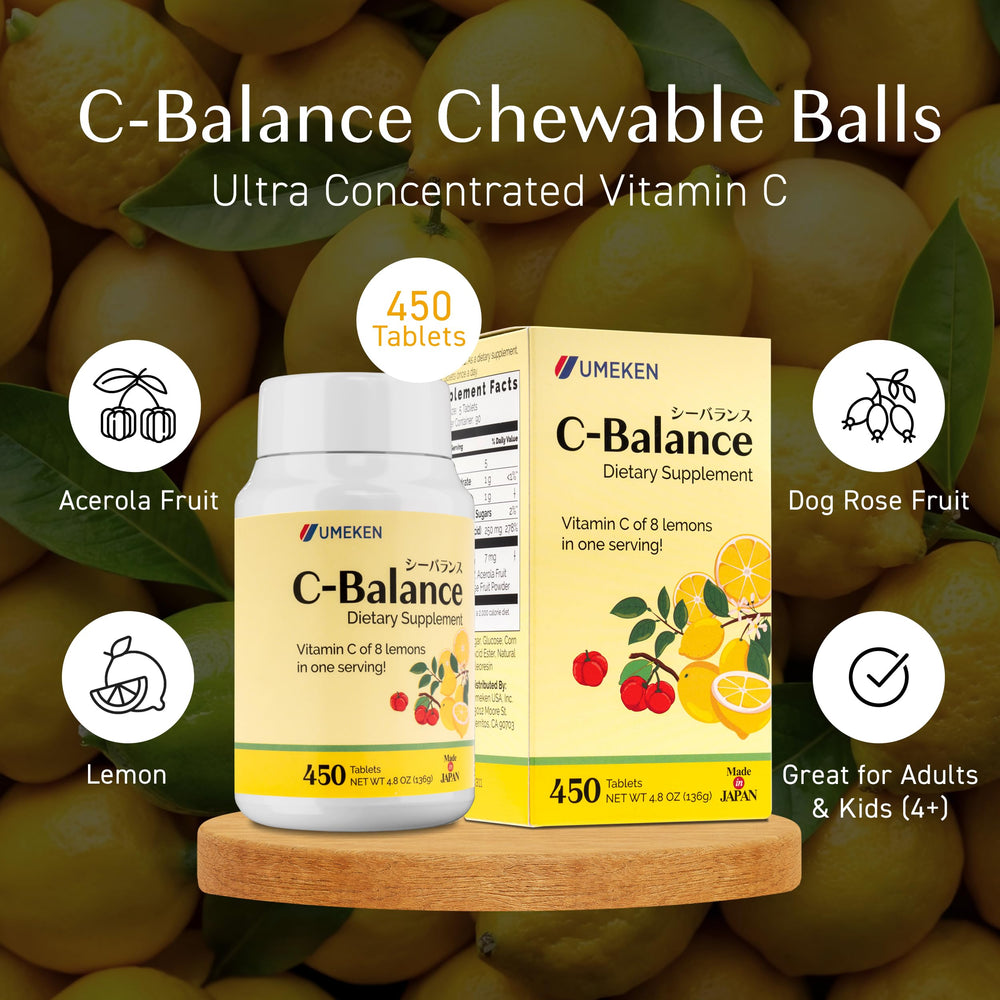 Umeken C-Balance texture close-up showing tangy citrus chewables for daily intake