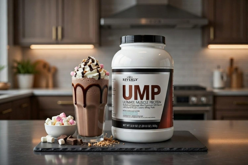 UMP Rocky Road shake in glass demonstrates easy, digestible protein suitable after workouts.