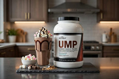 UMP Rocky Road shake in glass demonstrates easy, digestible protein suitable after workouts.