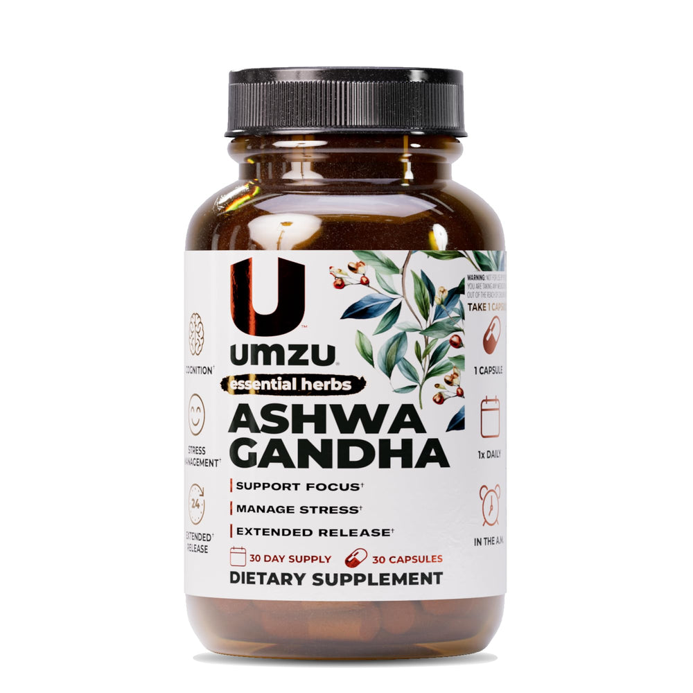 UMZU Ashwagandha bottle front promotes daily calm and balance.