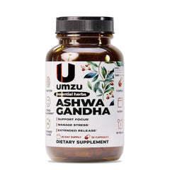 UMZU Ashwagandha bottle front promotes daily calm and balance.