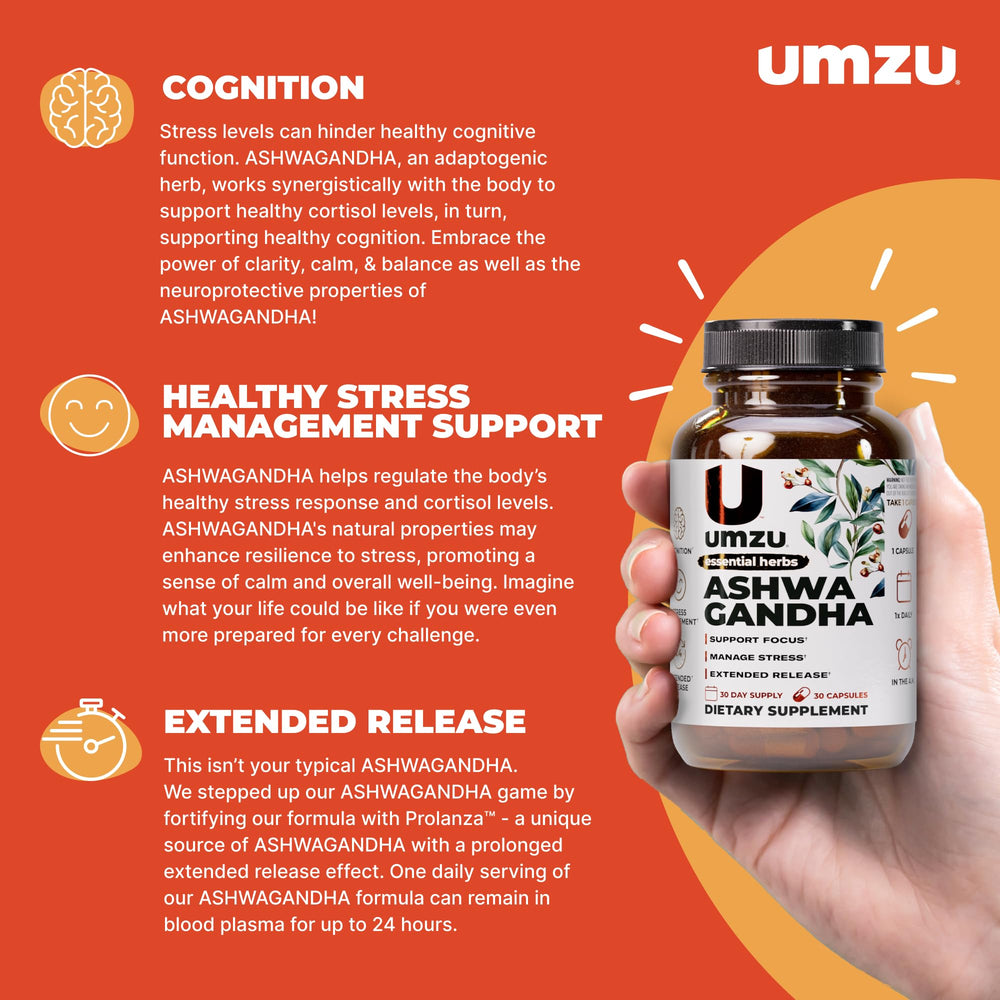 Close-up of UMZU Ashwagandha capsules for easy daily dosing.