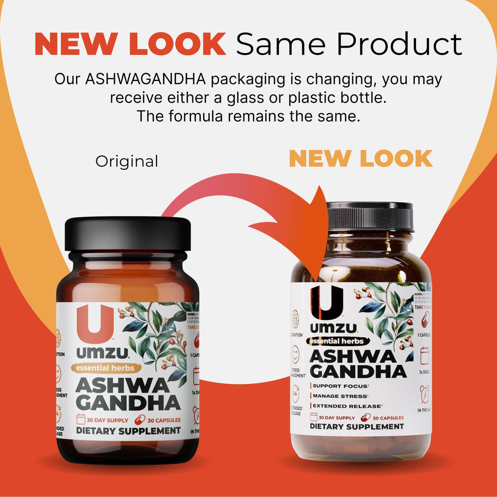 UMZU Ashwagandha daily routine setup with bottle and water.