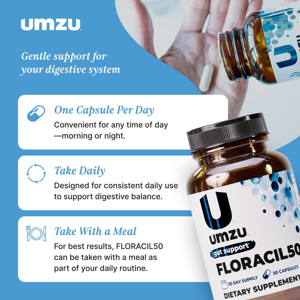 UMZU Floracil50 bottle with glass and pills illustrating everyday digestive support.